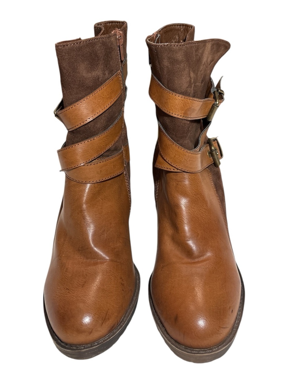 Women's Two-Tone Brown Faux Leather & Suede Ankle Booties with Buckle Straps
